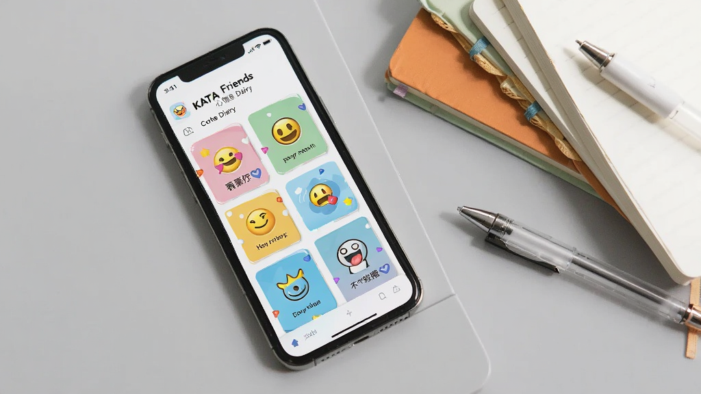 �ֻ���Ļչʾ KATA Friends �������ռǽ��棬�����������Ŷ��Ų�ɫ���鿨Ƭ��ÿ�ſ�Ƭ���б�����źͼ�����֣��ֻ��Ա�ɢ���ż����ʼǱ���һ֧�ʣ�����Ϊǳ��ɫ���棬���������¼�Լ��������������������