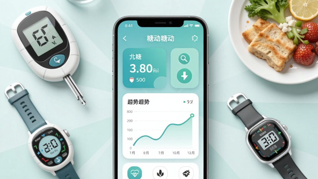 画面中央放置一部智能手机,屏幕显示糖动软件主界面,包含血糖数值卡片与趋势曲线,手机周围环绕血糖仪、手表、食物餐盘等健康元素,布局采用中心放射式构图,风格为清新医疗健康风,细节包括柔和的蓝绿色调、圆角图标、数据图表,画质清晰干净,无多余元素