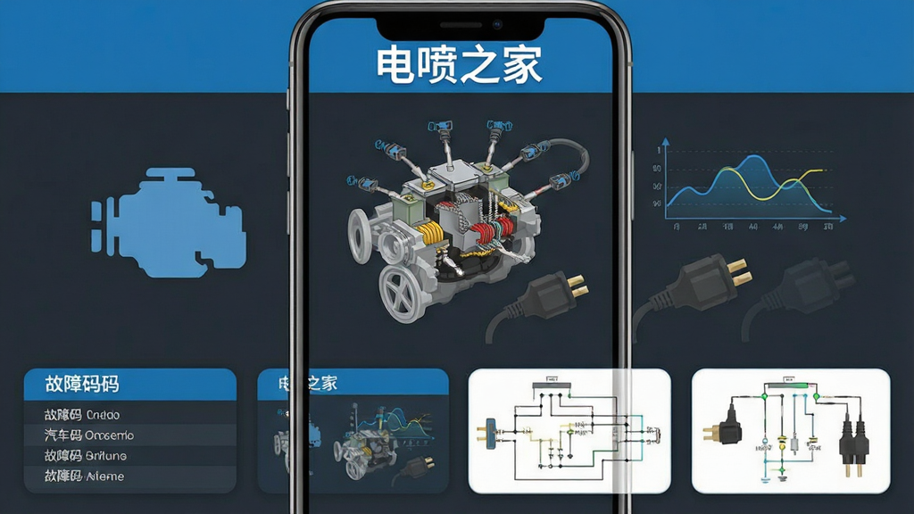 手机屏幕居中显示汽车电喷系统结构示意图,界面顶部写有“电喷之家”字样,下方为故障码列表与电路图缩略图卡片,整体布局为上下分层排版,科技蓝与深灰配色,扁平化UI风格,细节包含发动机图标、数据曲线与诊断插头元素,画质清晰,画面干净,无多余装饰元素