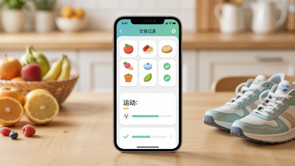 手机屏幕显示糖动软件的饮食记录页面,包含食物图标与运动打卡模块,背景为温馨的厨房餐桌场景,布局为手机居中、四周点缀水果与运动鞋,风格生活化健康风,细节包括彩色食物小图标、勾选状态、进度条,画质清晰干净,无多余元素