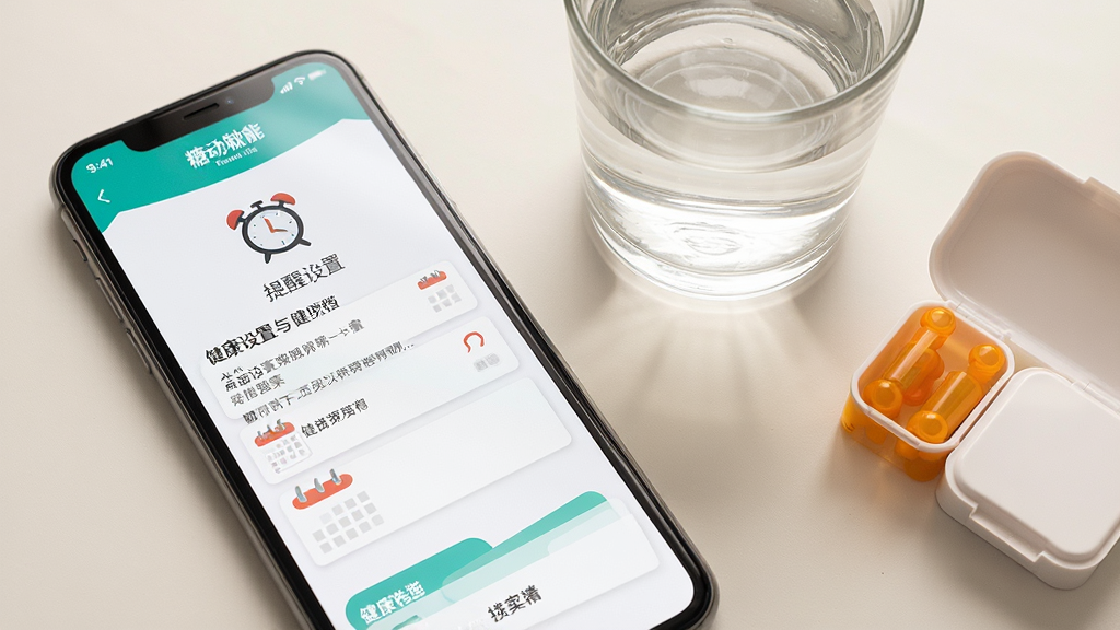 手机屏幕显示糖动软件的提醒设置与健康档案页面,旁边放着一杯水和药盒,布局为斜角俯视构图,风格温和居家风,细节包括闹钟图标、日历标记、档案卡片,画质清晰干净,无多余元素