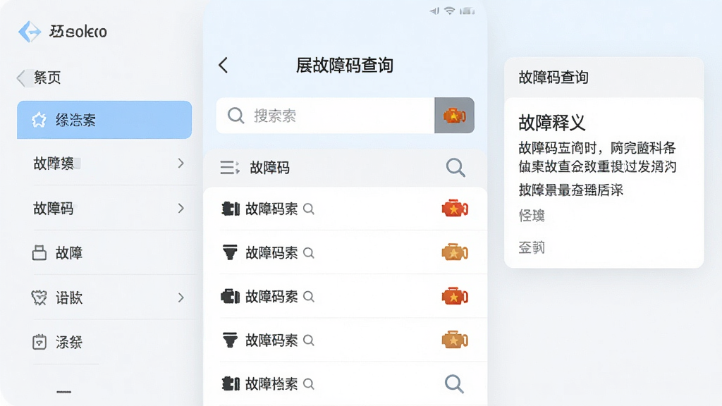 手机应用界面展示故障码查询页,屏幕中央为搜索框与故障码列表,左侧为系统分类侧边栏,右侧为故障释义卡片,排版整齐,风格为清爽浅色系,细节包含放大镜图标与发动机故障灯符号,画质清晰,画面干净,无多余元素