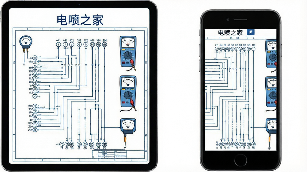 平板与手机并排展示电路图阅读界面,屏幕中为发动机电控系统线路图,线条清晰,节点处标注针脚编号,界面顶部写有“电喷之家”字样,布局为左右分栏,风格为工程图纸质感,配色为白底蓝线,细节包含电压表与万用表图标,画质清晰,画面干净,无多余装饰
