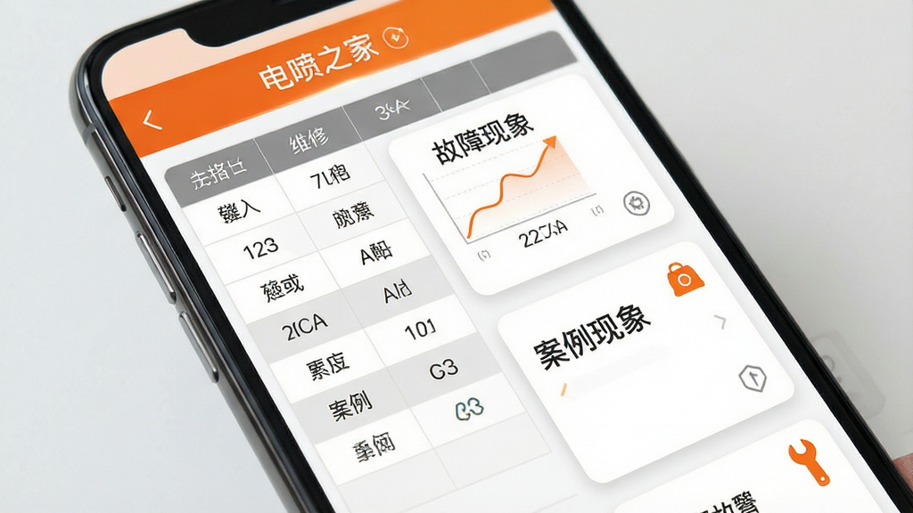 手机屏幕显示维修数据表格与案例卡片,表格中包含数值与单位,卡片上有故障现象文字描述,界面顶部为“电喷之家”标题栏,布局为列表式排版,风格为简约商务风,配色为白灰与橙色点缀,细节包含数据曲线小图与工具图标,画质清晰,画面干净,无多余元素