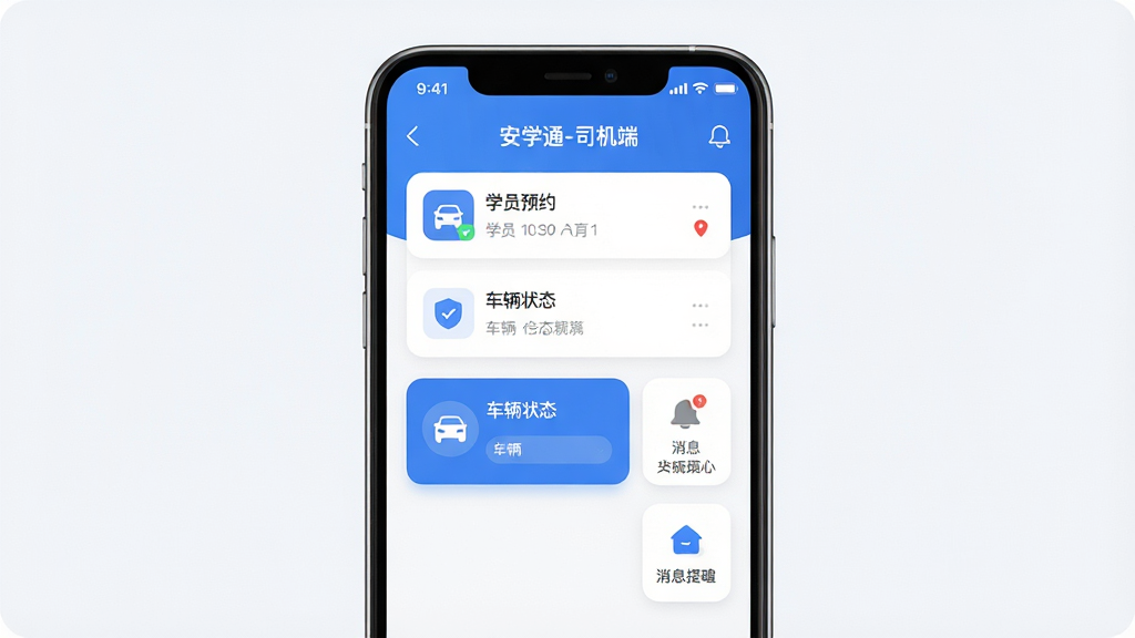 主体为一部竖屏智能手机,屏幕中央显示“安学通-司机端”应用主界面,界面包含学员预约列表、车辆状态卡片与消息提醒图标,布局居中对称,排版清晰,风格为现代简约扁平化,细节包括圆角卡片、柔和阴影与蓝白配色,画质高清,画面干净,无多余元素