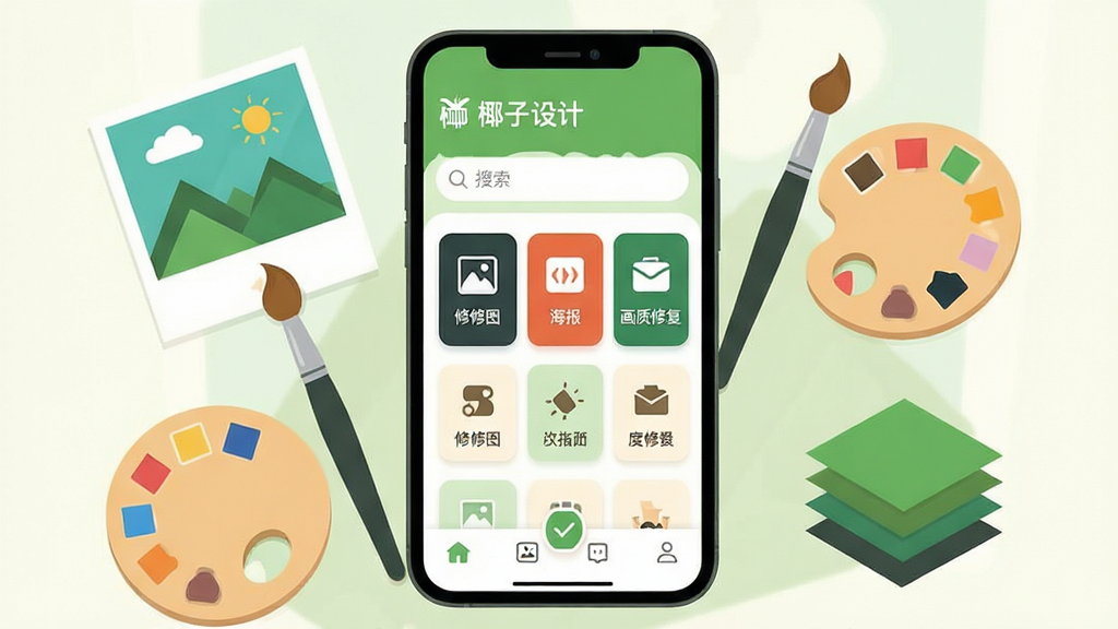 画面主体是一部智能手机,屏幕中展示“椰子设计”APP的首页界面,界面布局为顶部搜索栏、中部功能卡片区、底部导航栏,卡片区包含修图、海报、画质修复等图标;手机周围环绕着照片、画笔、调色盘、图层等设计元素,整体采用扁平化插画风格,配色以清新绿和暖白为主,细节丰富,画质清晰干净,无多余元素,背景简洁,适合软件下载站展示