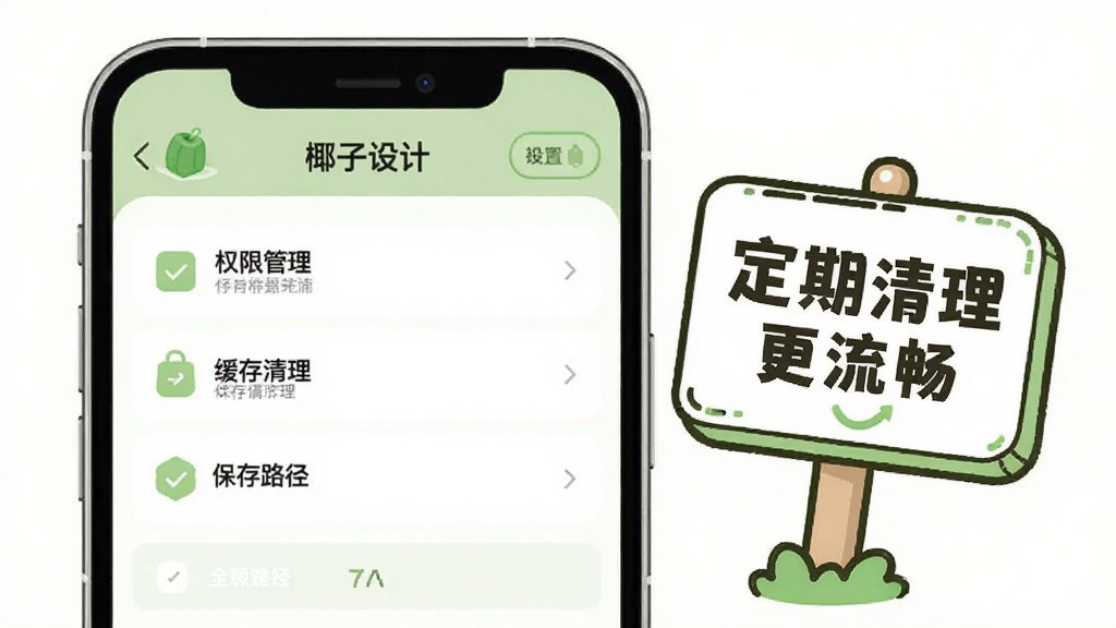 画面主体是一部手机屏幕展示“椰子设计”的设置页面,页面中包含权限管理、缓存清理、保存路径等选项列表,屏幕旁边有一个卡通风格的小提示牌写着“定期清理更流畅”;整体风格为简洁的UI示意图,配色以白色和浅绿色为主,布局清晰,画质干净,无多余装饰