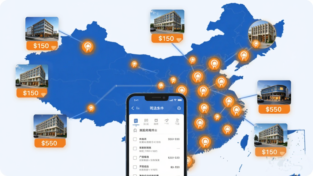 酒店哥哥海量酒店资源聚合功能展示,画面以中国地图为背景,地图上密布发光的酒店图标,每个图标连接着酒店外观小图和价格标签,前景是一部手机屏幕显示筛选条件界面,风格为扁平化信息图,色调以蓝色和橙色为主,画质清晰,布局整洁,无杂乱元素