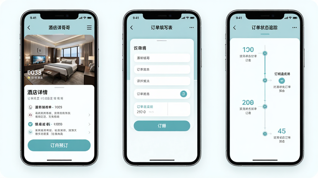 酒店哥哥在线预订流程示意图,画面分为三个并排的手机屏幕,左侧屏幕显示酒店详情页和预订按钮,中间屏幕展示订单填写表单,右侧屏幕呈现订单状态追踪时间轴,整体采用柔和的蓝绿色调,界面元素简洁明了,画质高清,干净无干扰