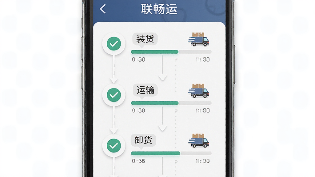 物流运输流程节点示意图,主体为手机界面中的订单进度条,布局自上而下排列装货、运输、卸货三个节点,排版纵向清晰,风格简约商务,细节包含对勾图标、时间戳、货车小图,画质干净无杂乱,画面中文字“联畅运”