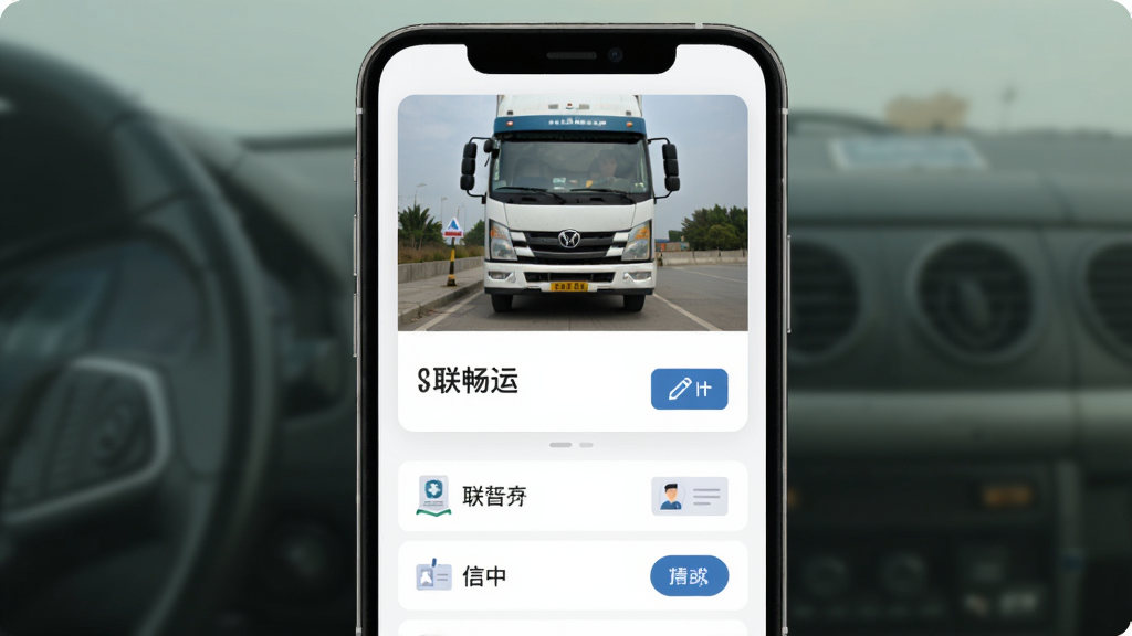 司机个人运力档案页面示意图,主体为手机界面中的车辆信息卡片与证件图标,布局上方为车辆照片下方为资料条目,排版规整,风格简洁实用,细节包含货车正面图、证件小图标、编辑按钮,画质清晰干净,画面中文字“联畅运”