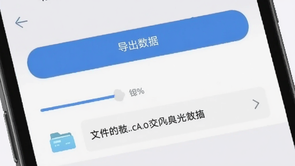 手机设置界面展示食光小笺的备份导出选项,画面中有“导出数据”按钮和文件夹路径选择框,布局为界面局部放大,风格素雅简洁,细节包括进度条、文件图标、浅灰色背景,画质清晰干净,无多余元素