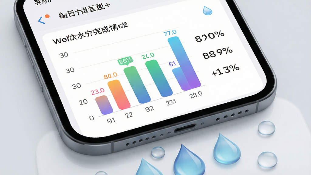 手机屏幕特写,显示每日饮水宝的数据统计页面,页面中有一个柱状图显示一周的饮水完成情况,柱状图旁边有完成率百分比数字,手机下方有水滴形状的装饰元素,背景为柔和的浅灰色,布局以手机屏幕内容为主体,风格为极简数据可视化风格,细节包括柱状图的渐变色和清晰的数字标签,画质清晰,干净,无多余元素