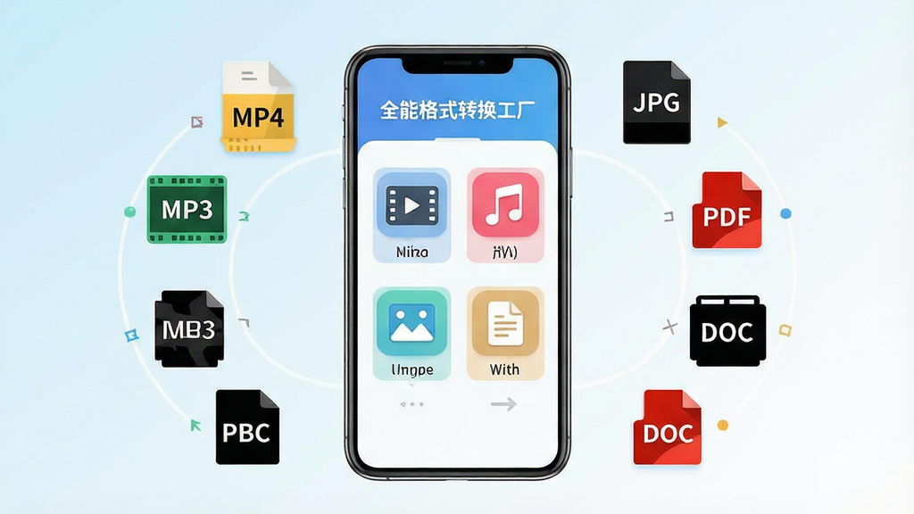 一张展示多功能文件格式转换概念的手机应用场景图,画面中央是一部竖直摆放的智能手机,屏幕内呈现