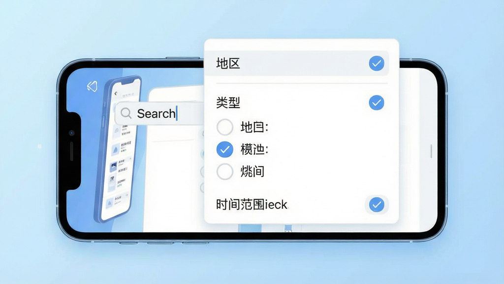 一张手机搜索筛选界面展示图,画面为一部横放的手机,屏幕内展示搜索框输入关键词后弹出的筛选面板,面板中包含地区下拉、类型多选和时间范围选项,背景为浅蓝色渐变,布局为手机居中、筛选面板悬浮于屏幕上方,风格为清爽扁平化UI插画,细节包括清晰的选项标签与勾选状态,画质干净清晰,无多余元素