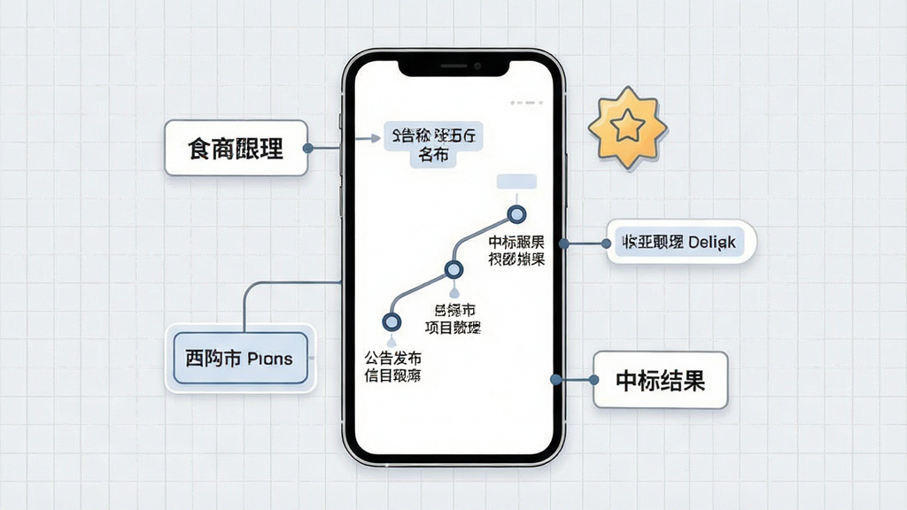 一张企业信息与项目跟踪概念插画,画面中央是一部手机,手机屏幕内展示项目时间轴节点,从公告发布到中标结果依次排列,屏幕旁边漂浮着企业名称标签与收藏星标图标,背景为淡灰色网格纹理,布局为手机居中、元素环绕,风格为简约商务插画,细节包括时间轴连线与标签卡片,画质干净清晰,无多余元素