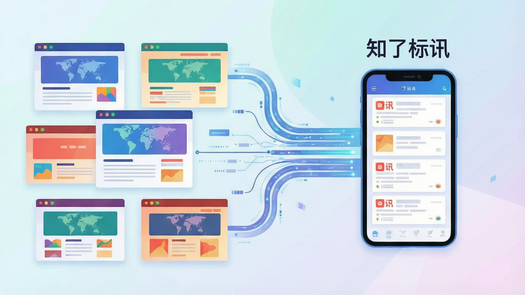 一张信息聚合概念插画,画面左侧是多个不同颜色的网页窗口代表各地交易平台,右侧汇聚成一条数据流进入中央的手机屏幕,手机屏幕内显示整齐排列的标讯卡片,屏幕上方标注软件名称“知了标讯”,布局为左右汇聚式构图,风格为科技感扁平插画,细节包括数据流线条与柔和渐变背景,画质干净清晰,无多余元素