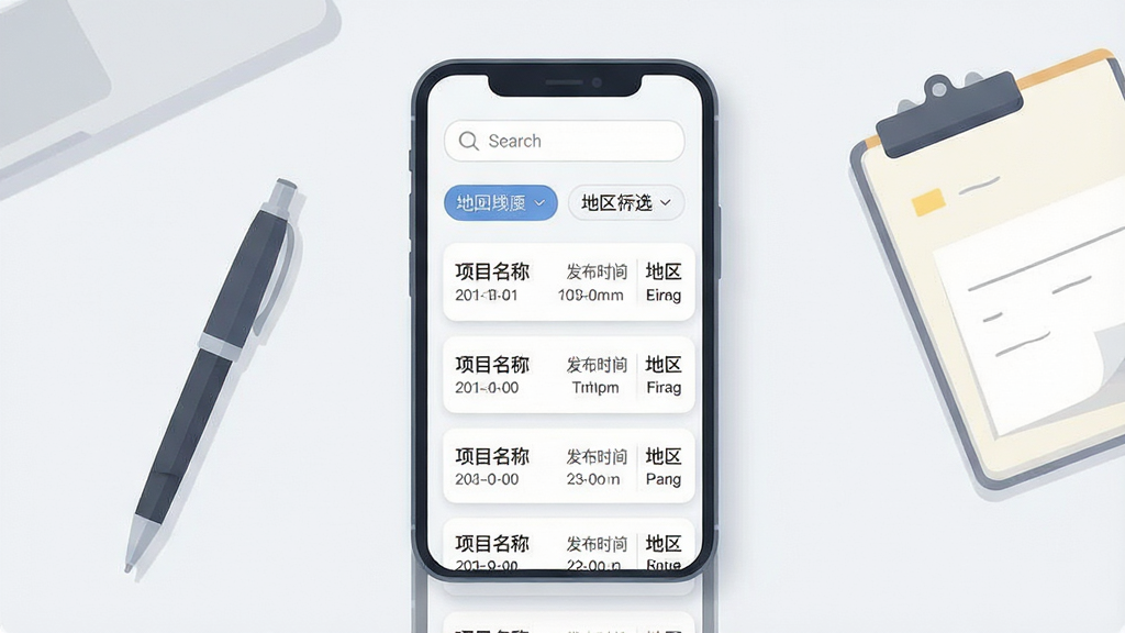 一张手机应用界面展示图,画面中央是一部竖屏智能手机,屏幕内呈现招投标信息列表页面,顶部有搜索框与地区筛选标签,列表条目包含项目名称、发布时间与地区信息,整体布局简洁清晰,背景为浅灰白色办公桌面,旁边放置一支笔和一本便签,风格为现代商务扁平化插画,细节包括柔和的阴影与圆角卡片,画质干净清晰,无多余装饰元素