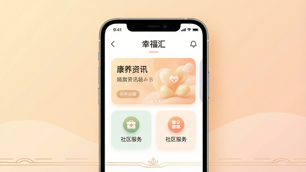主体为一部智能手机居中摆放,屏幕显示“幸福汇”应用主界面,界面含康养资讯卡片与社区服务图标;布局上手机置于画面中央,背景为柔和暖色调渐变;排版简洁,顶部留白,底部有淡雅装饰线条;风格为现代扁平化UI展示风;细节上屏幕内文字清晰、图标圆润、光影柔和;画质高清,干净,无多余元素