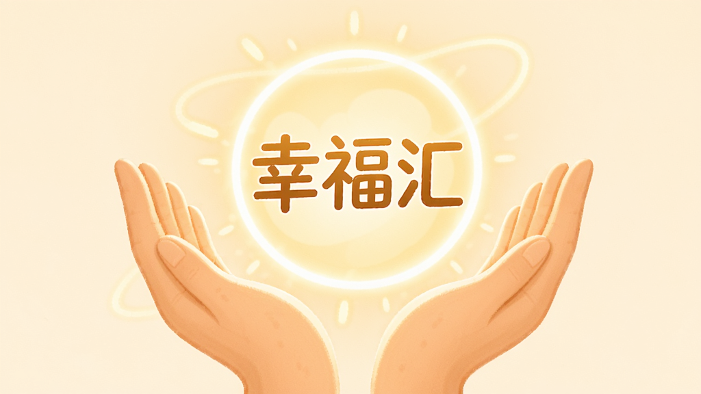 主体为两只手托起一个发光的圆形图标,图标内写有“幸福汇”;布局为双手从画面下方伸出托举;排版居中对称;风格为温暖治愈系插画风;细节上光线柔和、背景为浅米色、图标带细微光晕;画质高清,干净,无多余元素