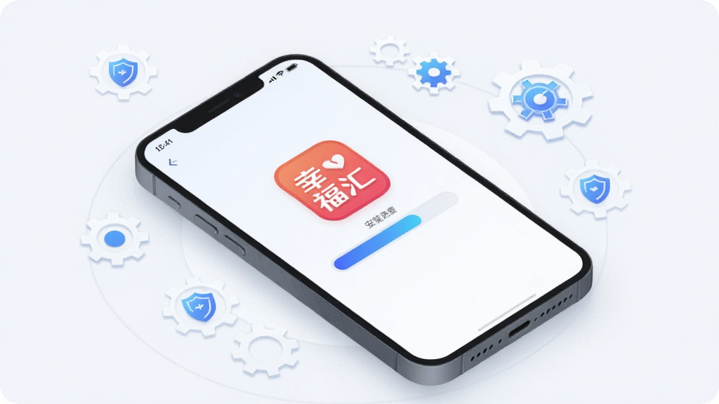 主体为一部手机屏幕显示安装进度条与“幸福汇”图标;布局为手机斜置于画面中央,周围环绕齿轮与盾牌小图标;排版简洁居中;风格为科技扁平风;细节上进度条为蓝色渐变、图标清晰;画质高清,干净,无多余元素