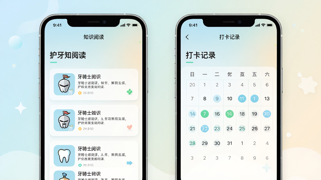 画面主体为“牙骑士”应用内的护牙知识阅读页与打卡记录页并排展示,布局为左右双屏对比排版,风格为清新浅色系移动端界面展示风,细节包含知识卡片列表、日历打卡圆点、柔和渐变背景;画质清晰,画面干净,无多余元素