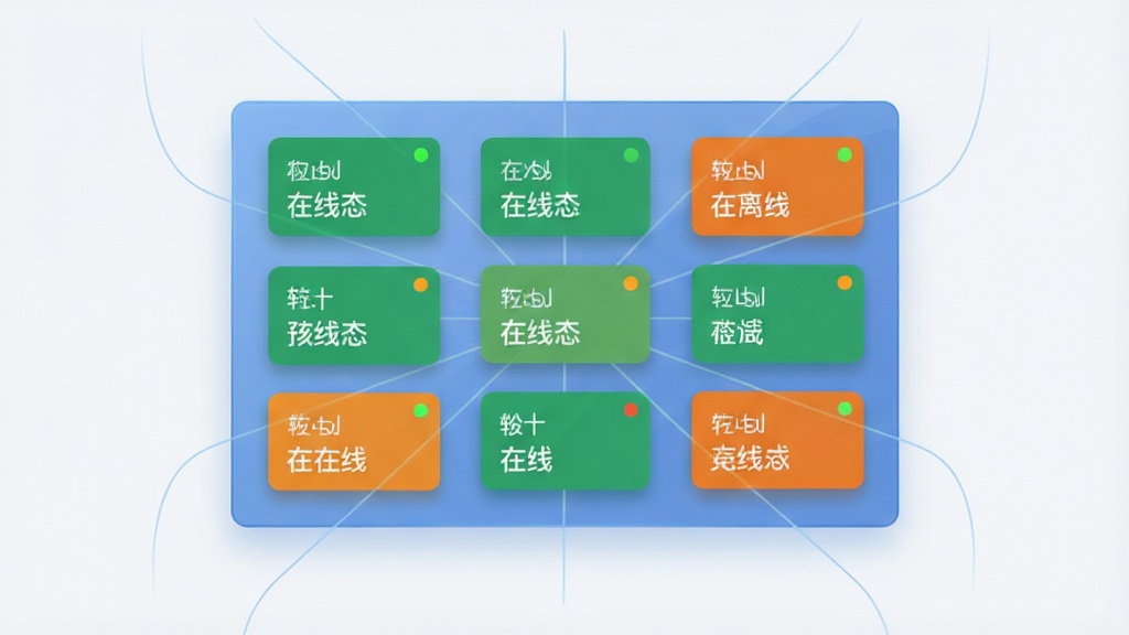 一张扁平化风格的软件功能展示图,画面中央为一块悬浮的半透明蓝色面板,面板上排列多张设备状态卡片,卡片以绿色与橙色区分在线与离线状态,卡片右上角有小圆点指示灯;布局为中心放射式,四周有淡淡的连接线条指向面板;风格为简洁科技插画风,细节上卡片边缘有柔和阴影、线条纤细流畅;画质高清,画面干净,背景为浅灰白色,无多余装饰元素