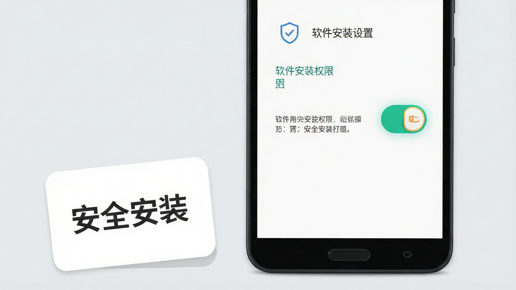 一部安卓手机屏幕特写,屏幕显示软件安装权限设置页面,页面中有开关按钮与提示文字,手机旁放置一张写有“安全安装”字样的小卡片;布局为手机居中偏右,卡片在左下角;风格为扁平化信息图风格,细节上开关按钮有高亮色、卡片边缘圆角;画质清晰,画面干净,背景为浅灰色,无多余元素