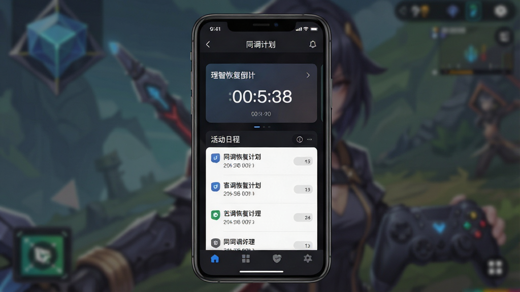 一张手机屏幕展示同调计划APP主界面的场景图,画面中央是简洁的深色主题界面,顶部显示软件名称“同调计划”,中部为理智恢复倒计时卡片与活动日程列表,底部为功能导航栏,背景为模糊的游戏风格几何图案,整体风格现代科技感,细节清晰,画质干净,无多余元素