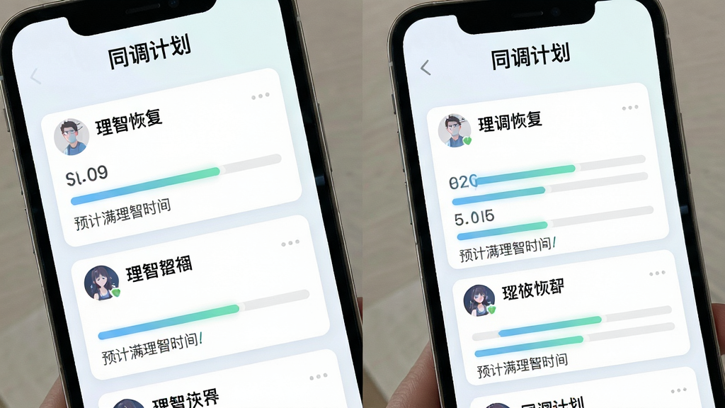 同调计划APP理智恢复提醒功能界面图,画面中手机屏幕显示多个账号的理智恢复倒计时卡片,每个卡片带有进度条与预计满理智时间,界面风格清爽浅色,顶部有“同调计划”标识,细节清晰,画质干净,无多余元素