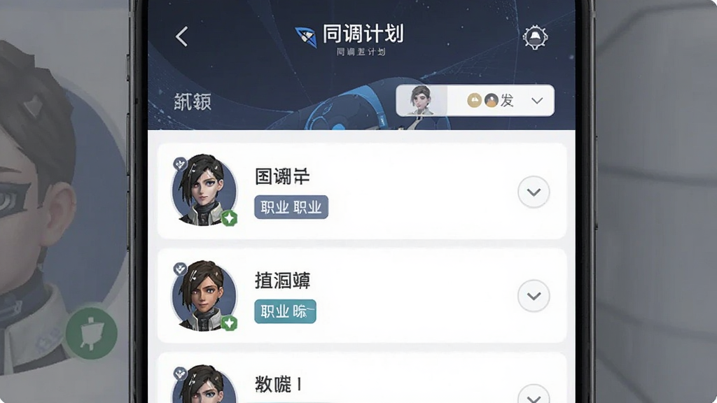 同调计划APP干员数据查询页面图,手机屏幕展示干员列表与筛选栏,界面中有“同调计划”字样,列表项包含干员头像、名称与职业标签,整体布局清晰,风格简洁,画质干净,无多余元素