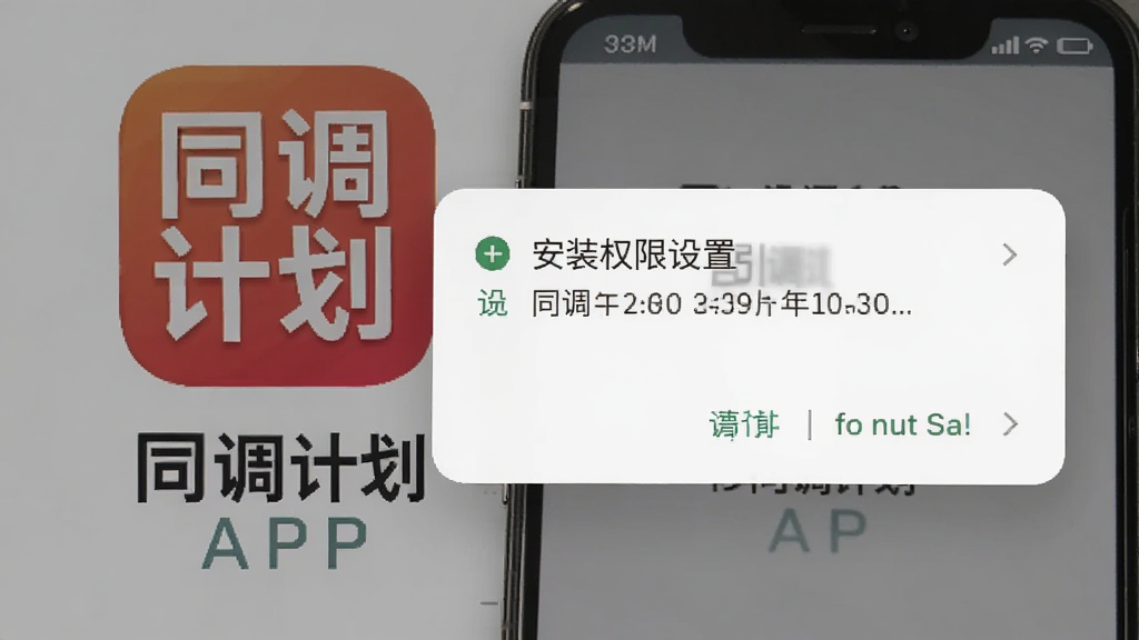 同调计划APP在安卓手机上的安装权限设置引导界面图,画面展示手机屏幕弹出权限请求对话框,背景为同调计划软件图标与名称,界面风格简洁,细节清晰,画质干净,无多余元素