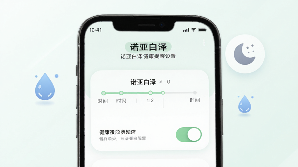 手机屏幕展示“诺亚白泽”健康提醒设置页面,包含时间轴与开关控件,旁边漂浮着水滴与月亮图标,布局为上下分层,风格为柔和扁平化设计,细节包含淡绿色强调色与圆角卡片,画质高清,画面整洁,无杂乱元素