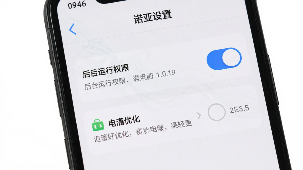 手机屏幕显示“诺亚白泽”应用设置页,包含后台运行权限开关与电池优化选项,画面采用竖版构图,风格为清爽界面展示,细节包含蓝色高亮按钮与灰色说明文字,画质清晰,背景干净,无多余元素