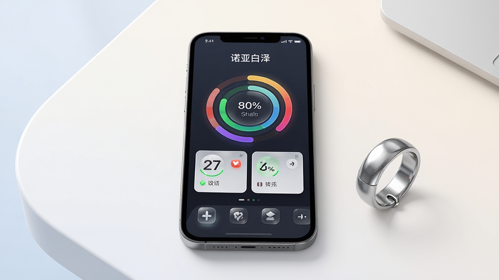 画面中心放置一部智能手机,屏幕上显示“诺亚白泽”应用主界面,包含环形健康数据图表与设备连接状态卡片,手机旁边摆放一枚银色智能戒指,背景为浅色渐变桌面,布局采用居中构图,风格为清新科技感,细节包含柔和阴影与玻璃质感图标,画质高清,画面干净,无多余元素