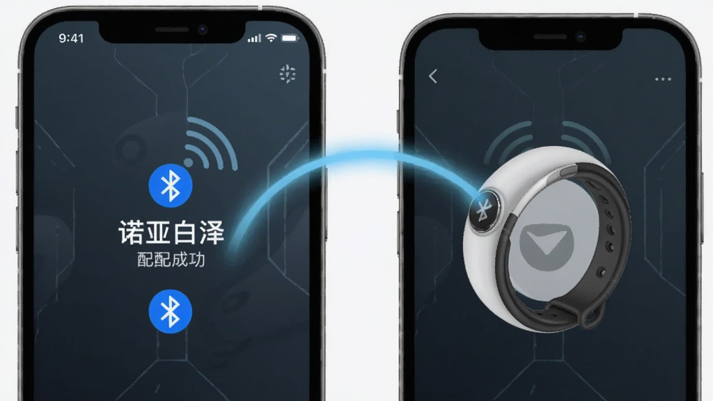 一部手机与一枚智能戒指通过淡蓝色光弧连接,手机屏幕显示“诺亚白泽”配对成功界面,画面采用左右对称布局,风格为简约科技插画,细节包含蓝牙图标与信号波纹,画质清晰,背景干净,无多余装饰