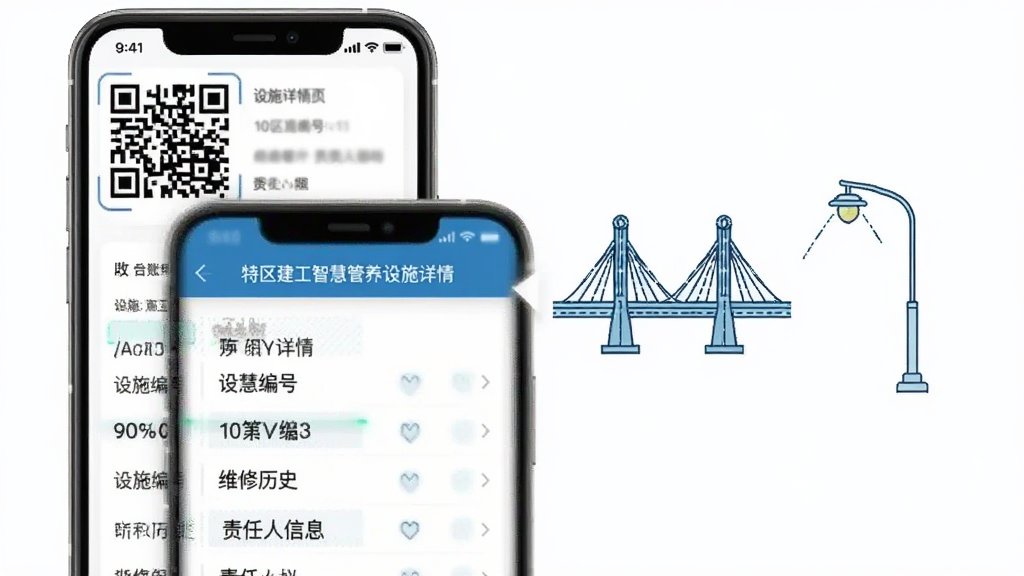 画面展示一部手机扫描设施二维码后弹出“特区建工智慧管养”设施详情页,页面包含设施编号、维修历史与责任人信息,旁边悬浮桥梁与路灯的线框图标,布局手机居中二维码位于左上角,风格扁平化信息图表,细节清晰呈现台账数据字段,画质高清干净无多余元素