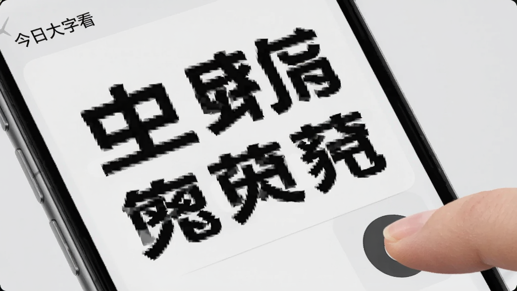 一部手机屏幕特写,屏幕上的中文文字被放大显示,字体粗黑清晰,旁边有一只手指正在点击放大按钮,界面简洁,背景为浅灰色,风格为写实UI展示,细节上屏幕角落有