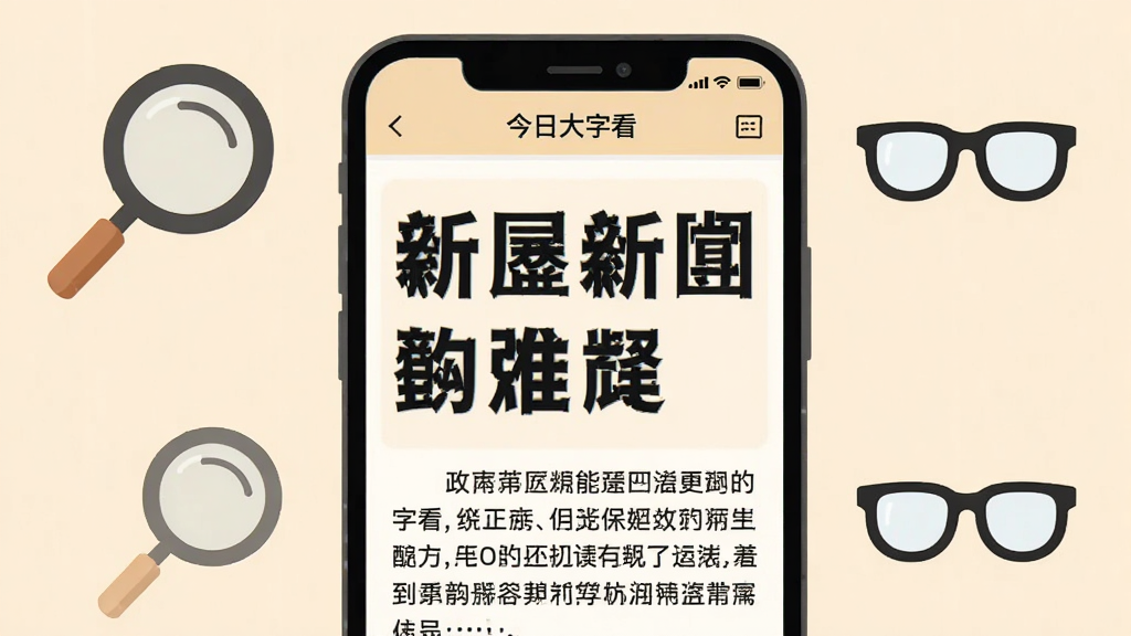 画面中心是一部智能手机,屏幕上显示着放大的中文新闻标题和正文内容,字体粗大清晰,背景为浅米色护眼色调,手机周围环绕着放大镜图标和阅读眼镜图标,整体布局简洁明了,风格为扁平化插画,细节上手机界面有