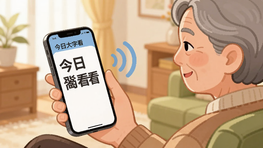 一位老年用户坐在沙发上手持手机,手机屏幕显示大号文字内容,旁边有声音波纹图标表示语音播报功能,背景为温馨家居环境,风格为温暖插画,细节上手机屏幕有