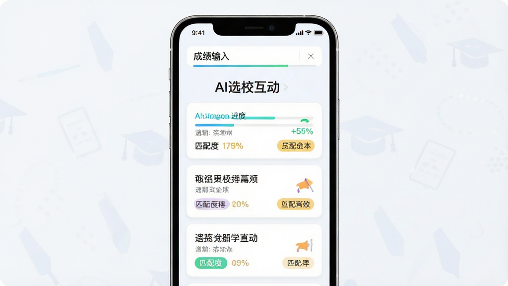 һ��AI����ƥ�书�ܵĽ���ʾ��ͼ����������Ϊ�ֻ���Ļ����Ļ������ʾ��AIѡУ��������ƥ����ҳ�棬����Ϊ�����ɼ����������·�����ԺУ��Ƭ�б����Ű��������򣬷��Ϊ����ǳɫ�Ƽ��磬ϸ�ڰ�����������ƥ��Ȱٷֱȡ���ɫ��ǩ����������������ɾ����޶���Ԫ��