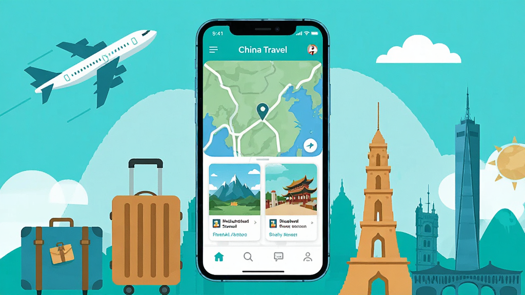 һ��չʾChina Travel�ֻ�Ӧ��������ĳ���ͼ������������һ�����������ֻ�����Ļ����ʾӦ����ҳ�ĵ�ͼ�����뾰�㿨Ƭ���֣��ֻ���Χ�����ŷɻ��������䡢�ر꽨����Ӱ������Ԫ�أ����������������ɫ������ƽ���廭��񣬹�ͼ���жԳƣ�ϸ�����������ʸɾ����޶���Ԫ��