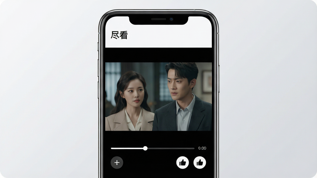画面主体是一部竖屏智能手机,屏幕中显示短视频播放界面,界面顶部有“尽看”字样,画面中央为短剧人物画面,下方有进度条与点赞图标;布局为手机居中放置,背景为浅灰渐变纯色;排版简洁,手机占画面约三分之二;风格为清爽科技感UI展示风格;细节包括手机边框高光、界面元素清晰、按钮圆角处理;画质高清,画面干净,无多余元素。
