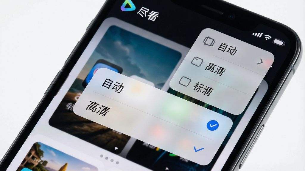 画面主体为手机播放界面右上角显示清晰度切换菜单,菜单中有“自动”“高清”“标清”选项,屏幕上方有“尽看”标识;布局为手机局部特写,菜单浮层位于画面中央;排版突出菜单选项;风格为现代App界面展示风格;细节包括菜单半透明背景、选项文字清晰、选中项有对勾标记;画质高清,画面干净,无多余元素。