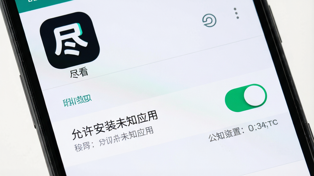 画面主体为手机屏幕显示应用安装权限设置页面,页面中有“允许安装未知应用”开关处于开启状态,屏幕上方有“尽看”应用图标;布局为手机正面展示,设置页面占满屏幕;排版为开关与文字说明上下排列;风格为安卓系统设置界面写实风格;细节包括开关高亮、文字清晰、图标圆角;画质高清,画面干净,无多余元素。