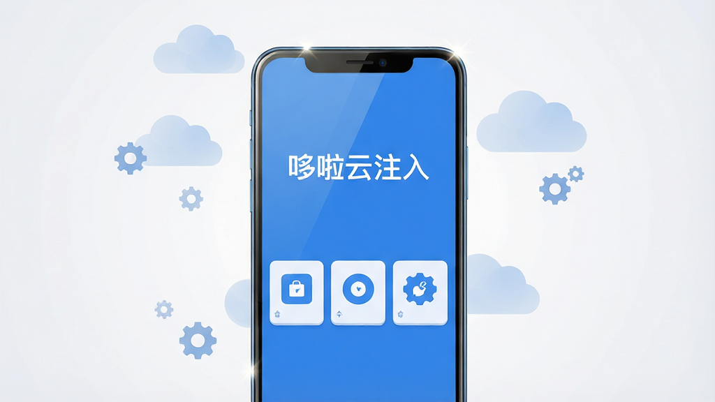 画面中央放置一部安卓手机,手机屏幕显示简洁的蓝色调工具类应用界面,界面顶部有“哆啦云注入”五个字,屏幕下方排列三个功能卡片图标,背景为浅灰白色渐变,整体布局居中对称,风格为扁平化科技感UI插画,细节上手机边缘有轻微高光反射,周围漂浮几个半透明的云朵和小齿轮元素,画质清晰干净,无多余装饰元素