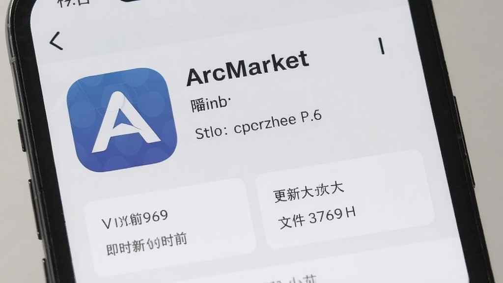 �ֻ���ʾ ArcMarket Ӧ������ҳ������Ӧ��ͼ�ꡢ���ơ��汾�š�����ʱ�䡢�ļ���С����Ϣ���飬�Ű��������������У�ǳ�����ɫ���䣬������ţ����ʸɾ�