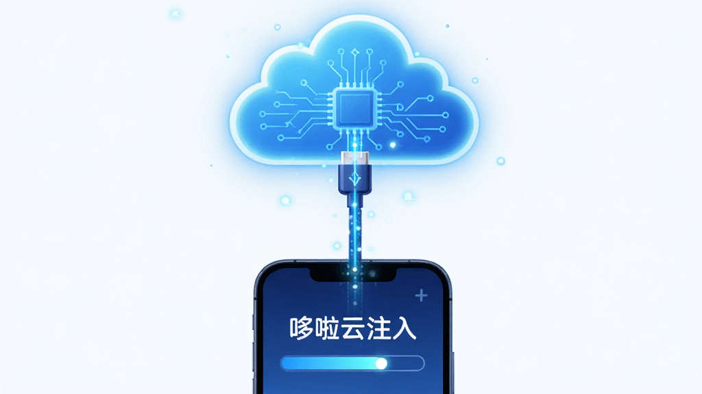 一朵发光的蓝色云朵位于画面上方,云朵下方连接一条数据线延伸到一部手机屏幕中,手机屏幕内显示“哆啦云注入”文字和进度条图形,布局为上下结构,风格为简约科技插画,细节上云朵带有细小的电路纹理,数据线有流动的光点,画质清晰干净,无多余元素