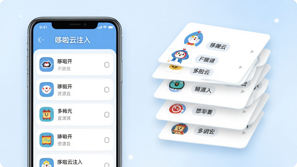 画面左侧为一部手机,手机屏幕显示“哆啦云注入”的资源列表界面,右侧为悬浮的资源卡片堆叠排列,卡片上有图标和分类标签,布局为左右对比结构,风格为清新扁平插画,细节上卡片边缘有柔和阴影,背景为淡蓝色渐变,画质干净清晰,无多余元素