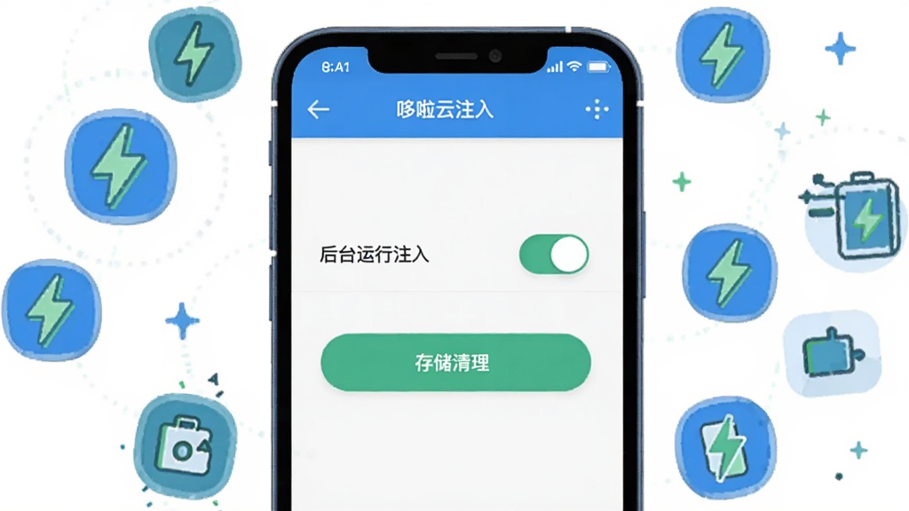 画面中央一部手机屏幕显示“哆啦云注入”的设置界面,界面中有后台运行开关和存储清理按钮,手机周围漂浮电量图标和存储空间图标,布局为居中对称,风格为轻量扁平插画,细节上图标为蓝绿配色,画质干净清晰,无多余元素
